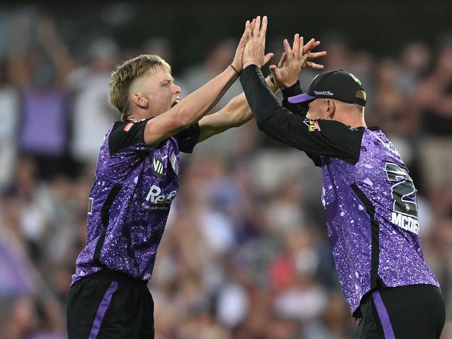 HOBART, AUSTRALIA - JANUARY 27: Nathan Ellis of the Hurricanes celebrates the wicket of Jason Sangha of the Thunder during the BBL The Final match between Hobart Hurricanes and Sydney Thunder at Ninja Stadium on January 27, 2025 in Hobart, Australia. (Photo by Steve Bell/Getty Images)