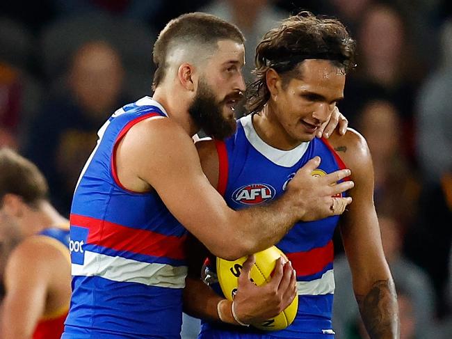 MELBOURNE, AUSTRALIA - MARCH 30: Josh Bruce (left) and Jamarra Ugle-Hagan of the Bulldogs are seen during the 2023 AFL Round 03 match between the Western Bulldogs and the Brisbane Lions at Marvel Stadium on March 30, 2023 in Melbourne, Australia. (Photo by Michael Willson/AFL Photos via Getty Images)