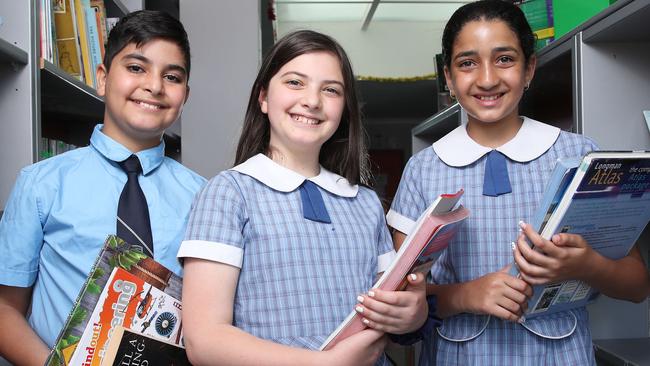 NAPLAN students (L-R) Meron Alkhuiga, 12, Monica Jreige, 10 and Maribelle Moawad, 11. Picture: David Swift