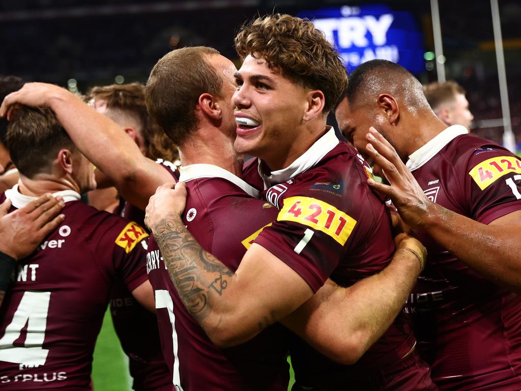 Reece Walsh of the Maroons celebrates with teammates. Picture: Getty Images