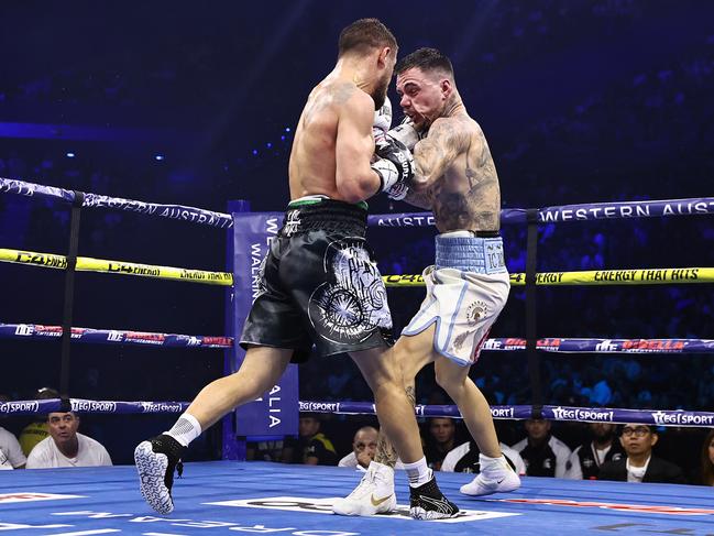 Vasili Lomachenko batters George Kambosos at RAC Arena in Perth. Picture: Top Rank