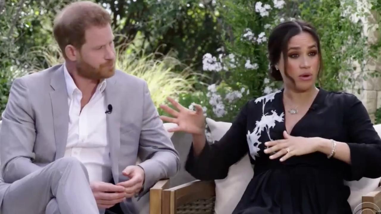 Harry and Meghan seen during interview with Oprah Winfrey. Picture: CBS