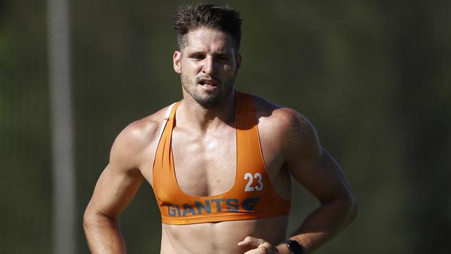 SYDNEY, AUSTRALIA - FEBRUARY 05: Jesse Hogan of the Giants trains during a Greater Western Sydney Giants AFL training session at Tom Wills Oval  on February 05, 2021 in Sydney, Australia. (Photo by Ryan Pierse/Getty Images)