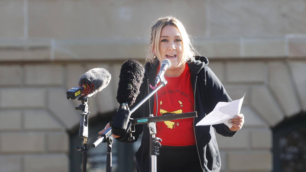 Daisy Allan from the Tasmanian Aboriginal Centre speak on Parliament House lawns. Picture: Nikki Davis-Jones