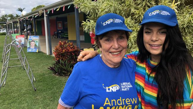 A new polling booth at Faith Lutheran College junior school, Victoria Point, was home base for MP Andrew Laming's mum Estelle and niece Jazz Coogan. Photo: Paula Shearer.