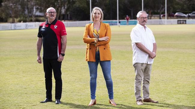 David Diamond from Morningside Panthers AFL club, Cr Kara Cook and Rod Jackson from the Bulimba Memorial Bowls Club posing at Jack Esplen Ova. Picture: Attila Csaszar