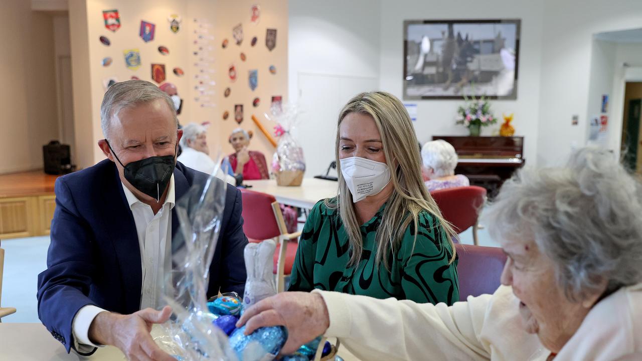 The Labor leader was joined by Ms Haydon during a visit to an aged care home in Bundaberg in Queensland on Friday afternoon - but was shielded from reporters due to a last-minute Covid scare. Picture: Toby Zerna