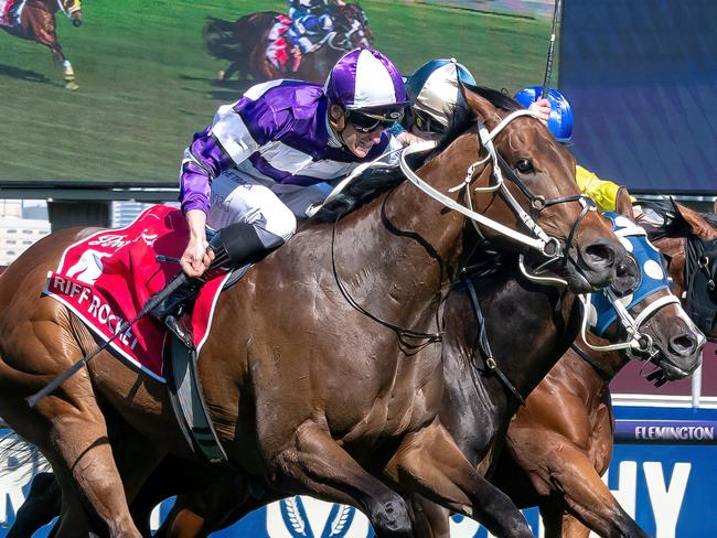 Riff Rocket ridden by James McDonald wins the Penfolds Victoria Derby at Flemington Racecourse on November 04, 2023 in Flemington, Australia. (Photo by Jay Town/Racing Photos via Getty Images)