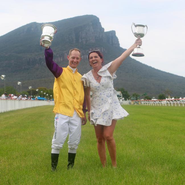 Winning jockey Jack Hill and winning trainer Emma-Lee Browne after taking the Dunkeld Cup with Rhinoceros.