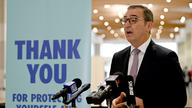 South Australian Premier Steven Marshall said the border to NSW, Victoria and the ACT would open when his state hits 80 per cent double dose vaccination rates. Picture: NCA NewsWire / Naomi Jellicoe