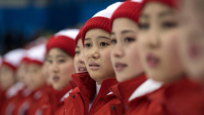 North Korea’s cheerleaders at the women’s ice hockey. Picture: Getty