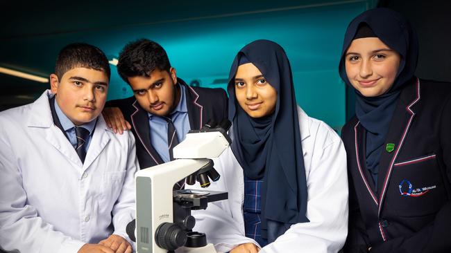 Al-Taqwa College students: Ahmed El-Kurdi, Hamza Mughal, Aleena Erum and Jana Al-Nachar in the science lab. Picture: Mark Stewart