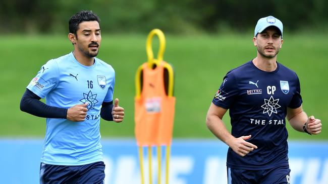 New Sydney FC player Reza Ghoochannejhad during a training run in Sydney yesterday, preparing for a possible debut tomorrow. Picture: AAP