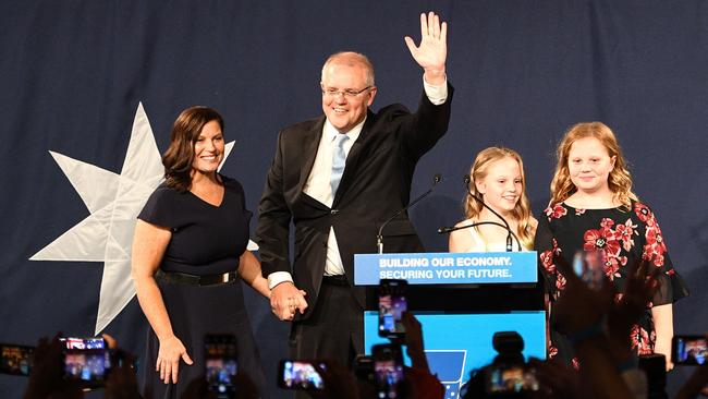 Australia’s newly elected Prime Minister Scott Morrison with his family on election night. Picture: AFP