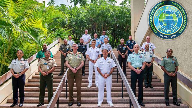 Chief of the Australian Defence Force Angus Campbell, front row third from left, at the 23rd annual Chiefs of Defence Conference hosted by the US Indo-Pacific Command in Hawaii on August 16-18.