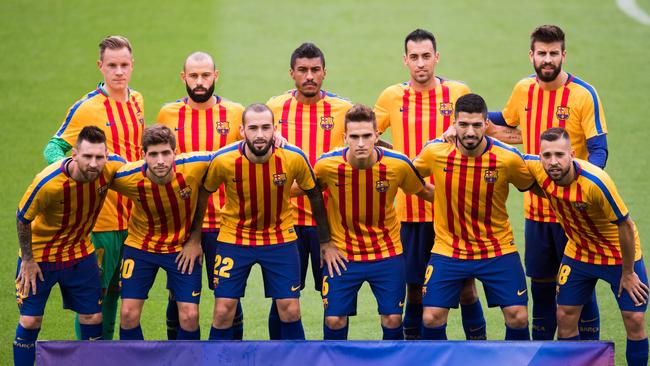 Barcelona players wore a shirt in the colours of the Catalan flag. Picture: Getty Images