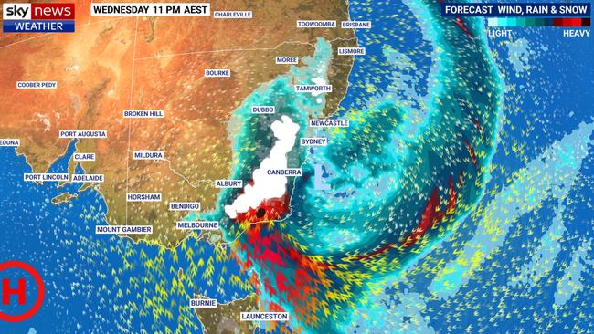 Heavy rain and snow is forecast on Wednesday night in southeast NSW and eastern Victoria. Picture: Sky News Weather