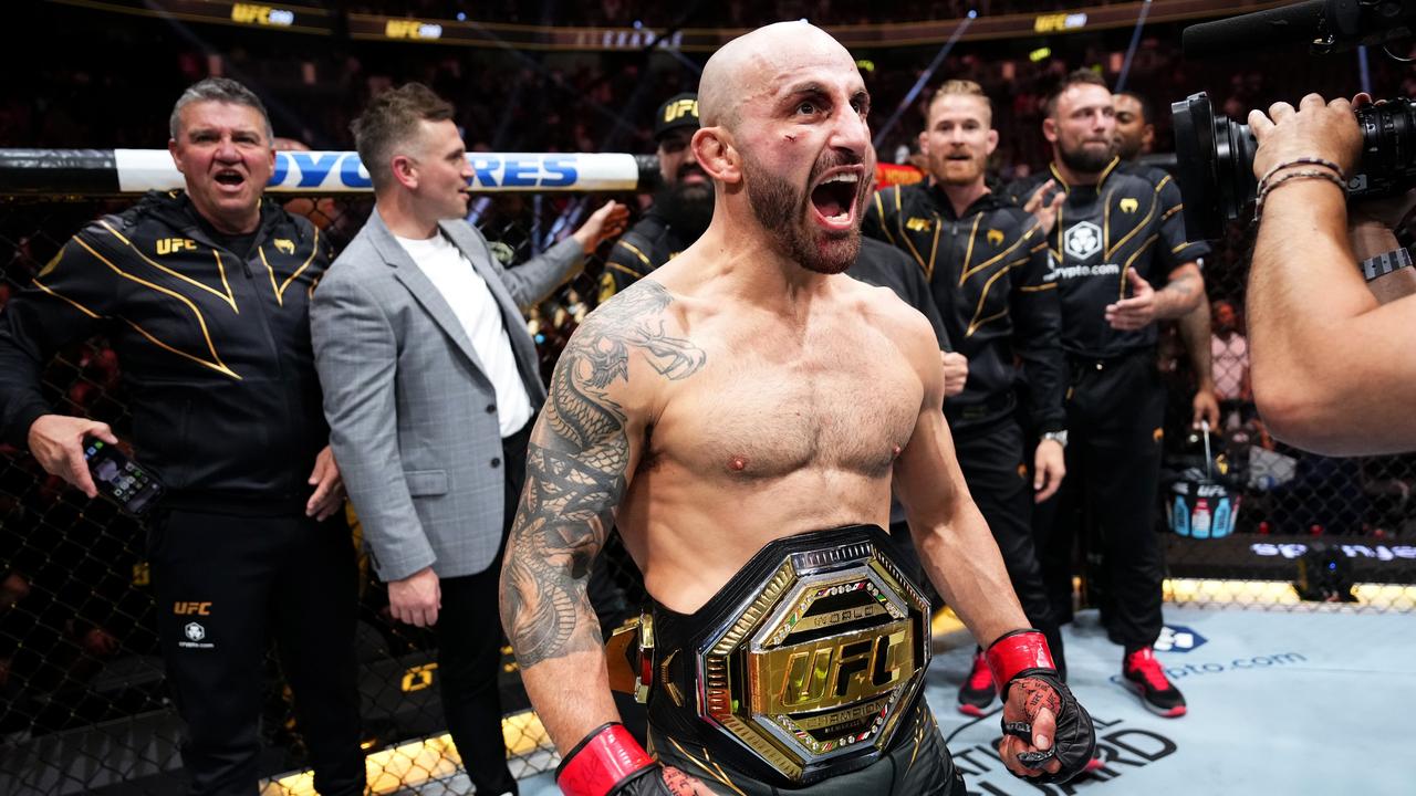 Alexander Volkanovski of Australia reacts to his win over Yair Rodriguez of Mexico in the UFC featherweight championship fight during the UFC 290 event at T-Mobile Arena on July 08, 2023 in Las Vegas, Nevada. (Photo by Jeff Bottari/Zuffa LLC via Getty Images)