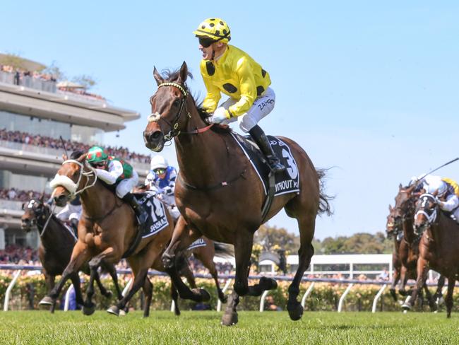 Without A Fight (IRE) ridden by Mark Zahra wins the Lexus Melbourne Cup at Flemington Racecourse on November 07, 2023 in Flemington, Australia. (Photo by George Sal/Racing Photos via Getty Images)