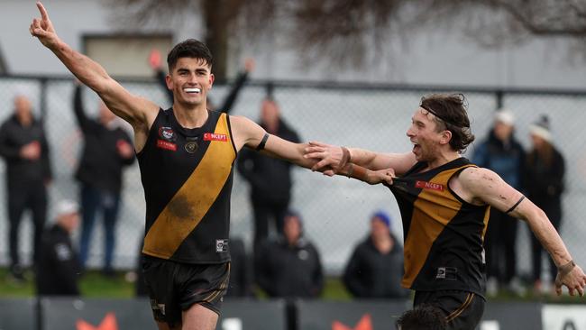 Kai Kearns celebrates a goal for Heidelberg. Picture: Hamish Blair