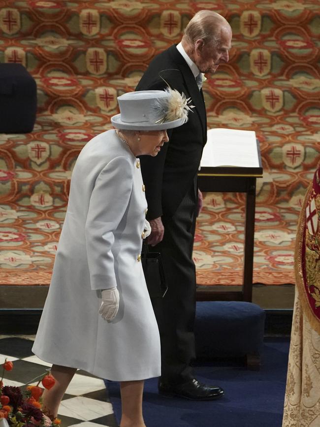 Britain's Queen Elizabeth II and Prince Philip arrive for the wedding. Picture: AP