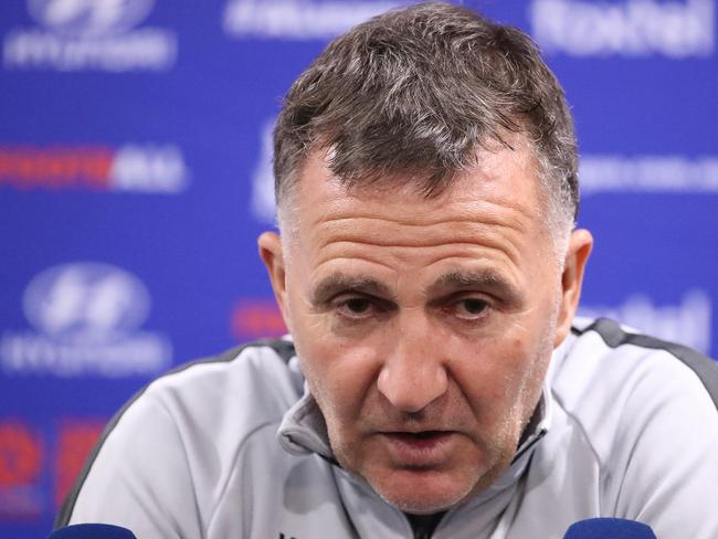ADELAIDE, AUSTRALIA - MAY 05: Warren Joyce, coach of City speaks to the media during a press conference after losing the A-League Elimination Final match between Adelaide United and Melbourne City at Coopers Stadium on May 05, 2019 in Adelaide, Australia. (Photo by Scott Barbour/Getty Images)