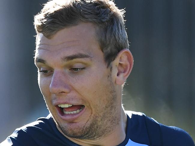 Tom Trbojevic of the NSW Blues (right) laughs during a team training session at the NSWRL Centre of Excellence in Sydney, Thursday, May 31, 2018. (AAP Image/David Moir) NO ARCHIVING