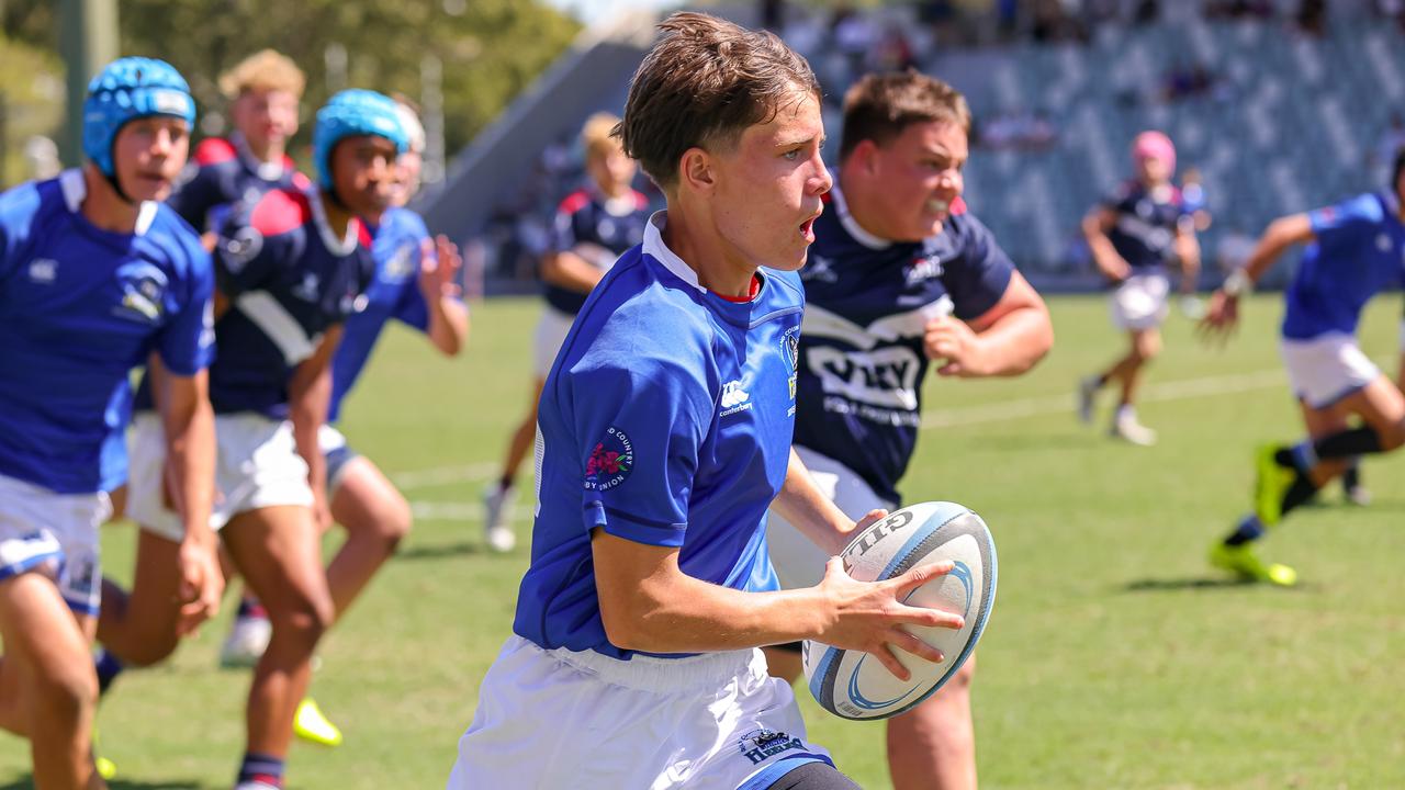 Buildcorp Emerging Reds Cup action from the day one match between Queensland Country Under-14s and Brisbane Junior Rugby Union Under-14s. Picture credit: QRU Media/ Erick Lucero.