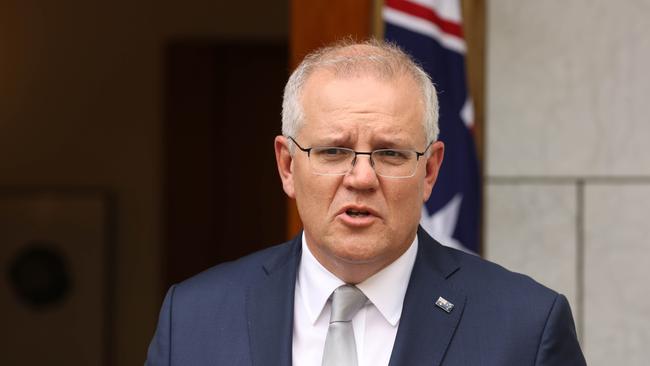 Prime Minister Scott Morrison during his press conference at Parliament House, Canberra today. Picture: NCA NewsWire / Gary Ramage