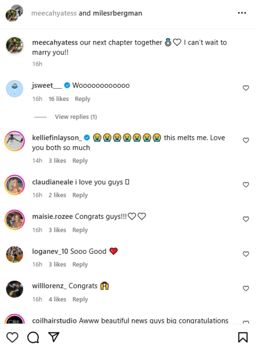 Comments from Port stars and partners on Miles Bergman and Meecah Yates' engagement announcement. Picture: Instagram