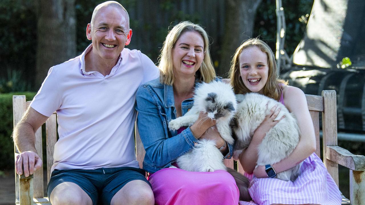 Freshly minted Sturt MP Claire Clutterham with her husband, Ben Pudney, stepdaughter Niamh, 10, and two ragdoll cats, Brooke and Taylor. Picture: Mark Brake