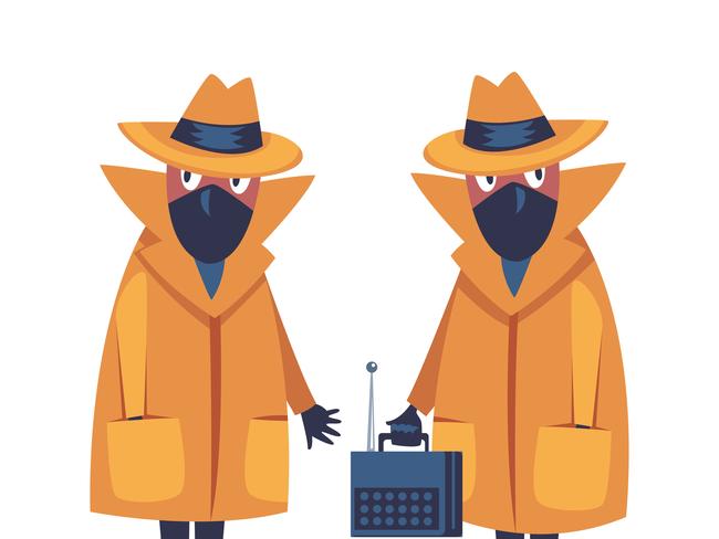 Man Spy Character in Mustard Coat and Hat Wiretapping Investigating Vector Illustration. Male Detective Engaged in Espionage and Investigation