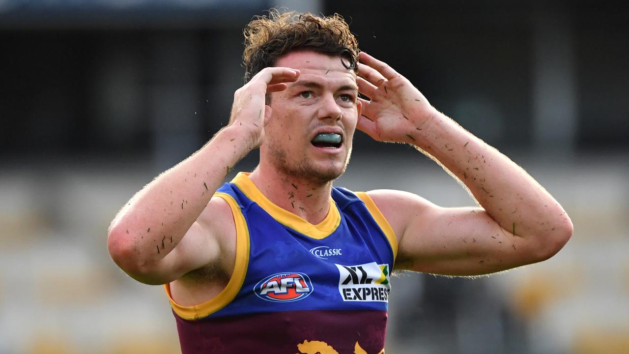 Lachie Neale of the Lions is seen reacting during the Round 2 AFL match between the Brisbane Lions and the Fremantle Dockers at The Gabba in Brisbane, Saturday, June 13, 2020. (AAP Image/Darren England) NO ARCHIVING, EDITORIAL USE ONLY