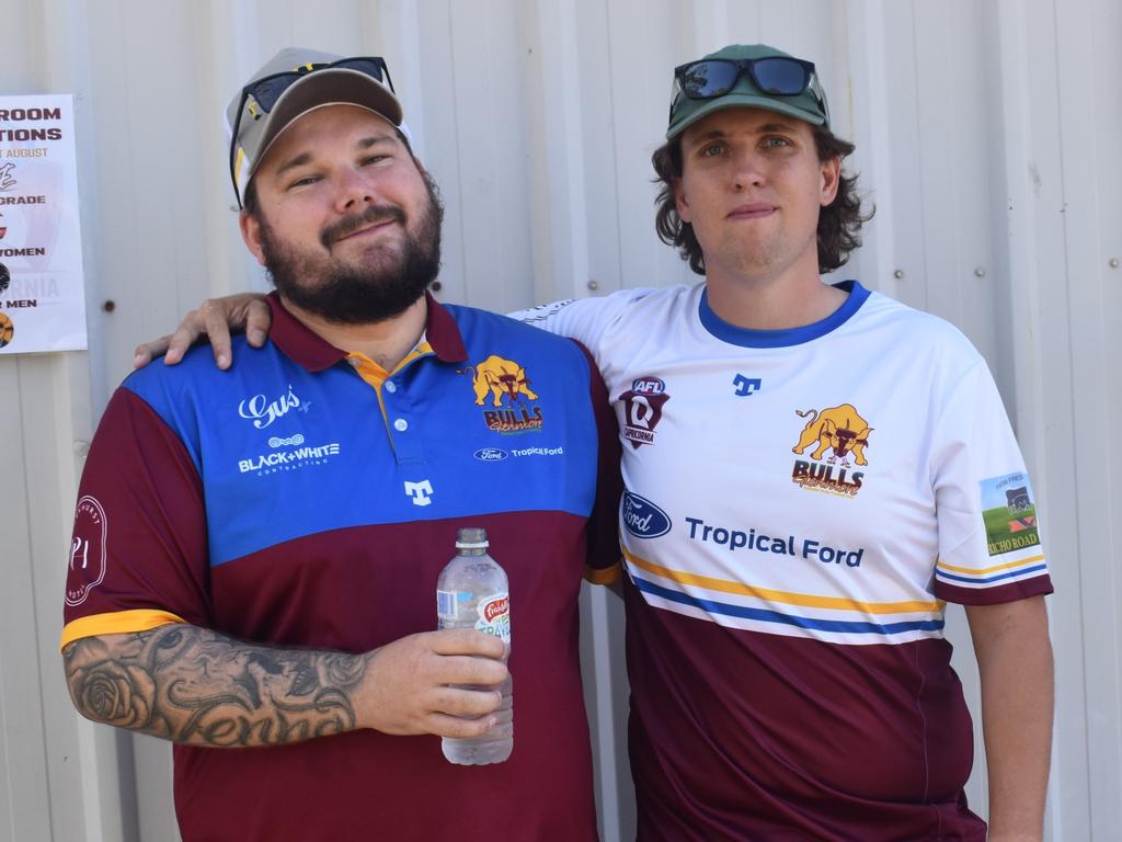 Aaron George and Jared Rainsford at the AFL Capricornia senior grand final day at Stenlake Park, Rockhampton, on August 31, 2024.