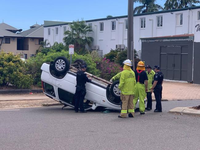 A man was arrested by police after a vehicle rolled on Eyre Street in North Ward. Picture: KATE BANVILLE