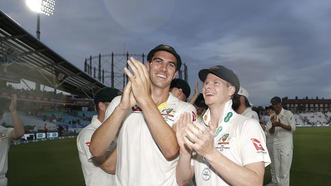 LONDON, ENGLAND - SEPTEMBER 15: Pat Cummins of Australia and Steve Smith of Australia celebrate after Australian drew the series to retain the Ashes during day four of the 5th Specsavers Ashes Test between England and Australia at The Kia Oval on September 15, 2019 in London, England. (Photo by Ryan Pierse/Getty Images)