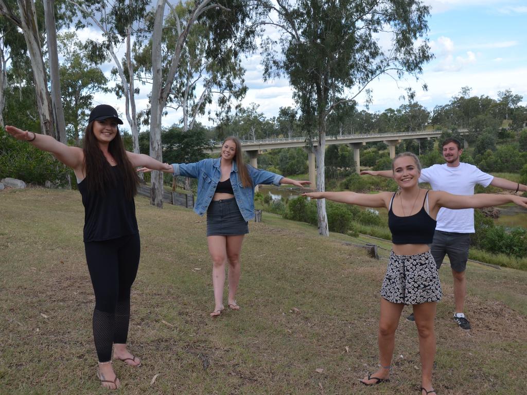 WELCOME TO TOWN: English backpackers Jessie Rhodes, Olivia Stafford, Rebecca Wesson, and Nick Robbins practising social distancing. Picture: Sam Turner