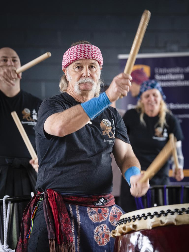 Gary Watson performs with Toowoomba Taiko at World Environment Day Toowoomba celebrations at wet weather venue Rangeville State School, Sunday, June 4, 2023. Picture: Kevin Farmer