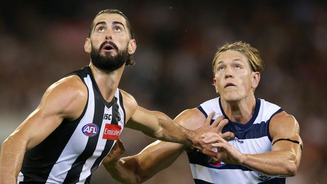 Brodie Grundy had an off night against Geelong big man Rhys Stanley. Picture: Michael Klein.