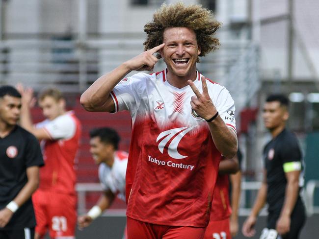 Blake Ricciuto celebrates a goal. Picture: Tanjong Pagar United