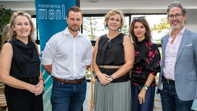 At the launch of "Experience Manly ", were (Left to right) Charlotte Rimmer (founder), Matt Clifton (founder), MP for Warringah Zali Steggall, Tracey Mietzke (founder), and Michael Betteridge (founder). Picture: Experience Manly