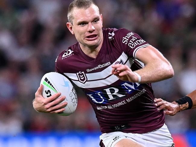 BRISBANE, AUSTRALIA - SEPTEMBER 24:  Tom Trbojevic of the Sea Eagles makes a break during the NRL Preliminary Final match between the South Sydney Rabbitohs and the Manly Sea Eagles at Suncorp Stadium on September 24, 2021 in Brisbane, Australia. (Photo by Bradley Kanaris/Getty Images)