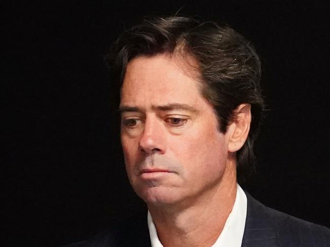 AFL CEO Gillon McLachlan speaks to the media at Marvel Stadium in Melbourne, Sunday, March 22, 2020. The AFL season is set to be postponed after further travel restrictions to combat the spread of coronavirus were imposed by the federal government. (AAP Image/Scott Barbour) NO ARCHIVING