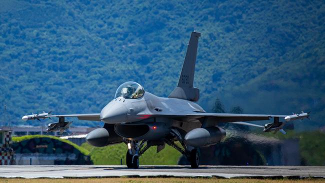 A Taiwanese F-16 Fighting Falcon jet lands at Hualien Air Force Base. Picture: Getty Images