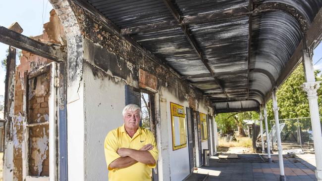 Town with no pub: Alan Hardcastle at the site of the Conargo Hotel on the fifth anniversary of the fire that destroyed it. He is disappointed there is still no hotel in the NSW Riverina town. Picture: Dannika Bonser