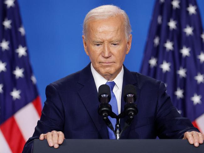 WASHINGTON, DC - JULY 11: U.S. President Joe Biden holds news conference at the 2024 NATO Summit on July 11, 2024 in Washington, DC. NATO leaders convene in Washington this week for the annual summit to discuss future strategies and commitments and mark the 75th anniversary of the allianceâs founding.   Kevin Dietsch/Getty Images/AFP (Photo by Kevin Dietsch / GETTY IMAGES NORTH AMERICA / Getty Images via AFP)