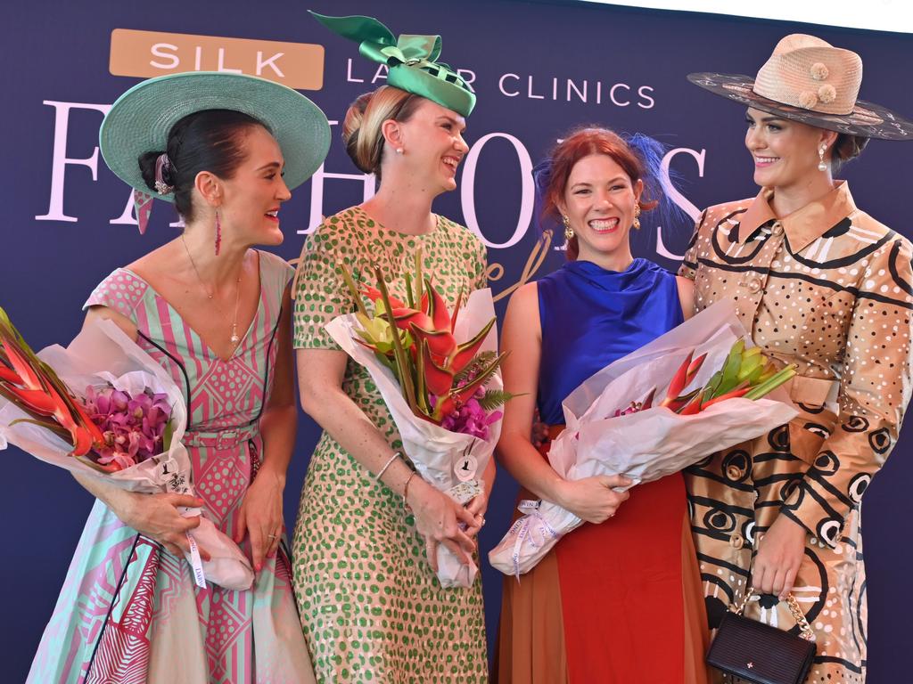 2021 Darwin Cup Fashions on the Field judges with Darwin Cup Carnival ambassador Hannah West. Picture: Julianne Osborne