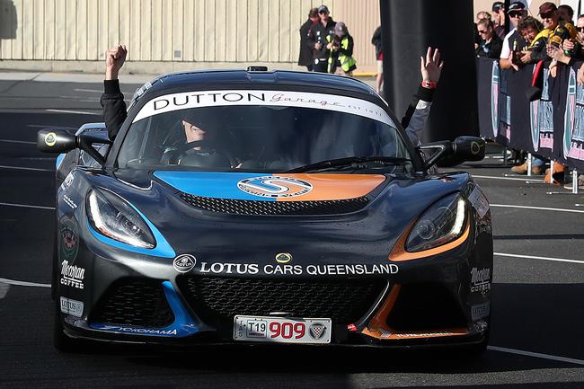 Paul Stokell and Kate Catford winners driving into the finish. Finish of Targa Tasmania 2019 at Macquarie Wharf shed no. 2. Picture: NIKKI DAVIS-JONES