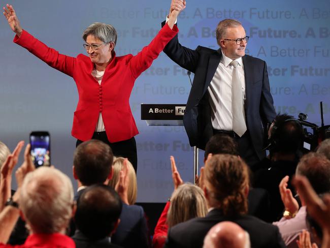 Penny Wong and Labor leader Anthony Albanese at the Labor Party launch at Optus Stadium, Perth. We can only hope nobody was trying a live cross during the speech this year. Picture: Liam Kidston