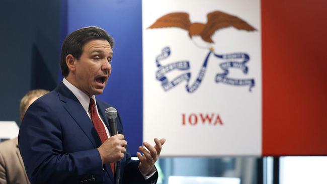 Republican presidential candidate and Florida Governor Ron DeSantis during a campaign event in Grimes, Iowa, on Sunday. Picture: Getty Images